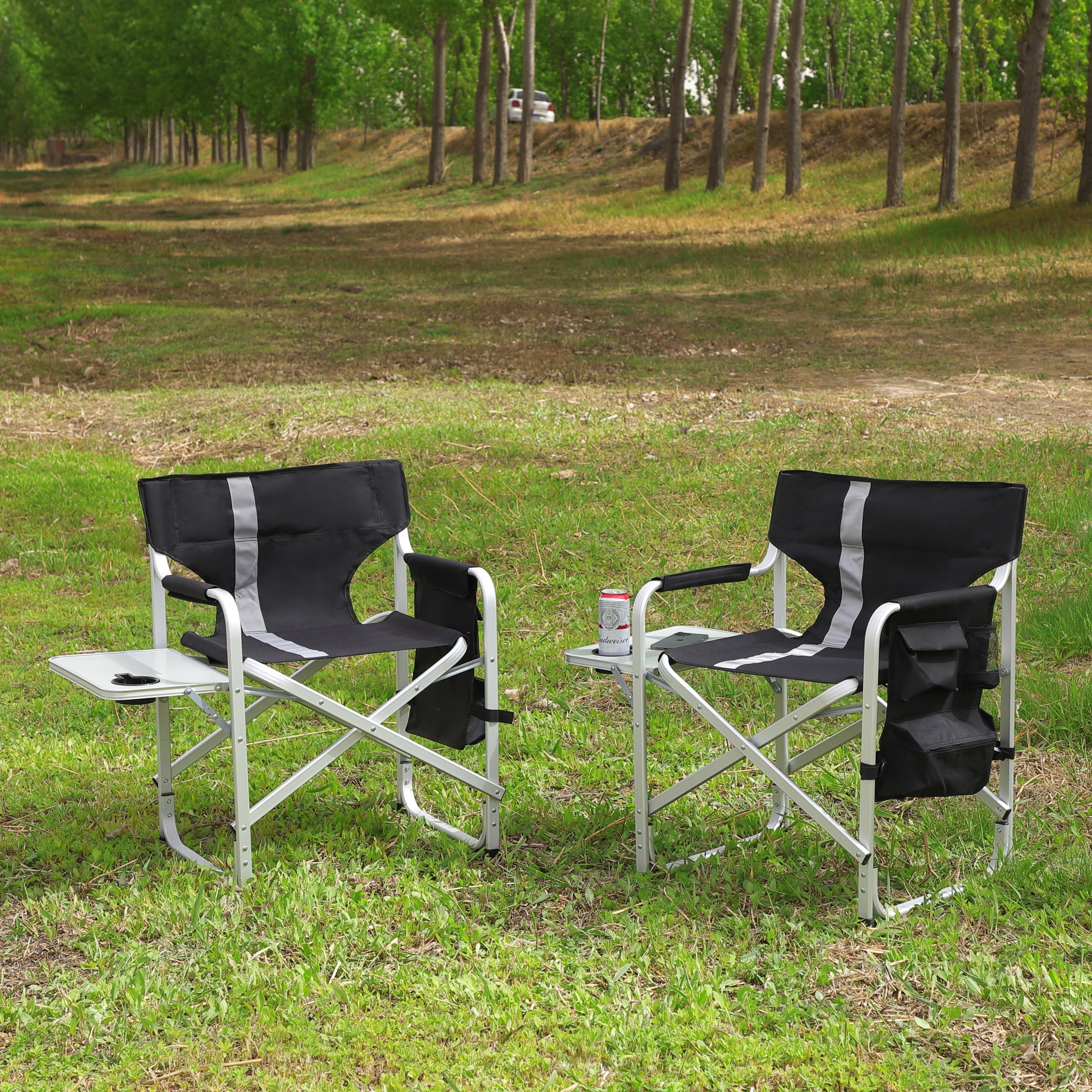 Black and Gray Aluminum Folding Outdoor Camping Chair Set with Storage Pockets