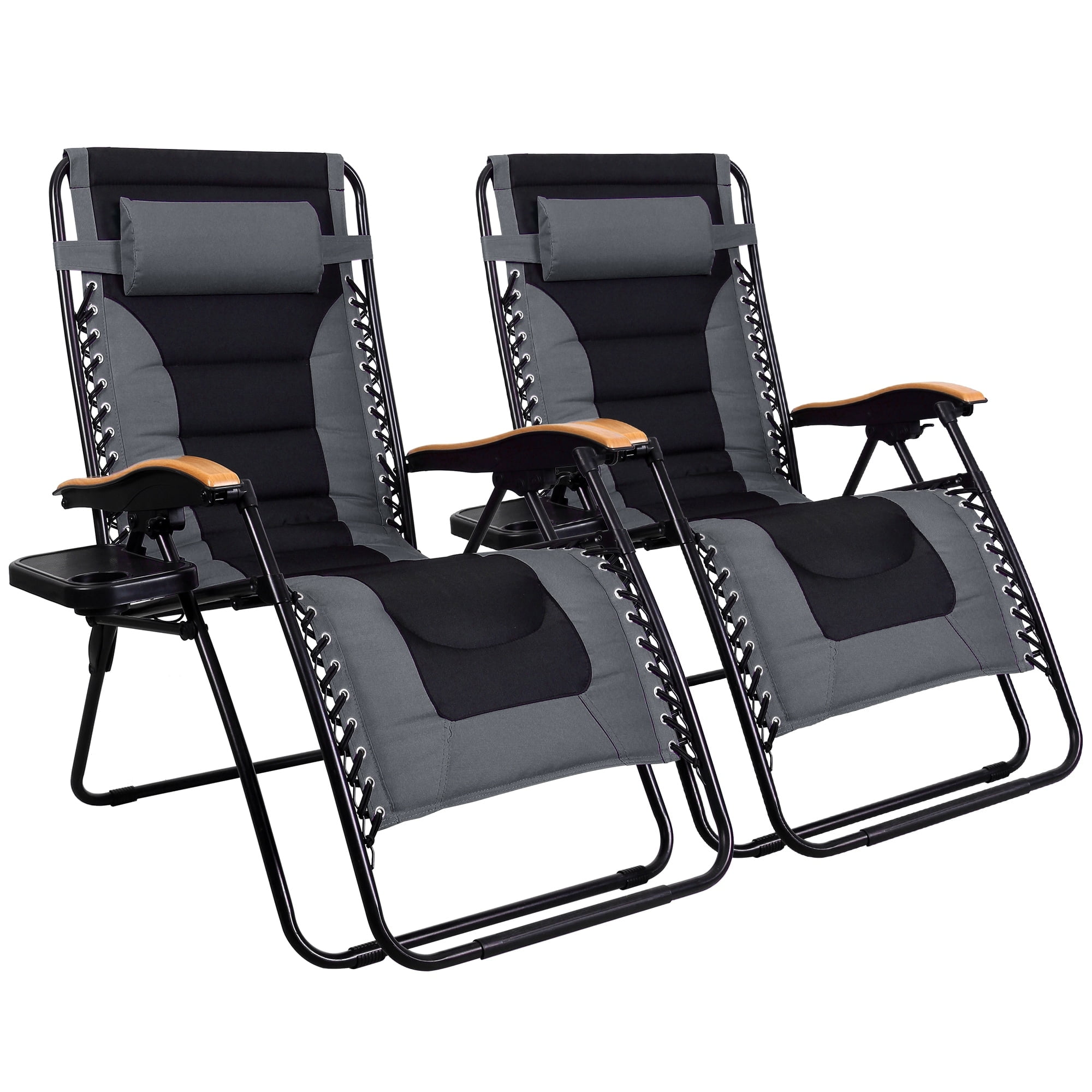 Oversized Grey and Black Padded Zero Gravity Lounger with Wooden Arms