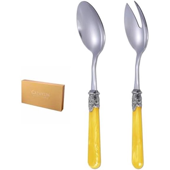 2-piece Salad Servers Stainless Steel Salad Serving Set Salad Fork and Spoon (Yellow)