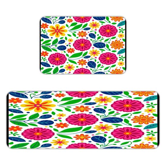 2-piece Set Flannel Floor Mat ,Bright Mexican Folk Floral Repeat Pattern Vivid Tropical Leaf Print Farmhouse Kitchen Rug Runner