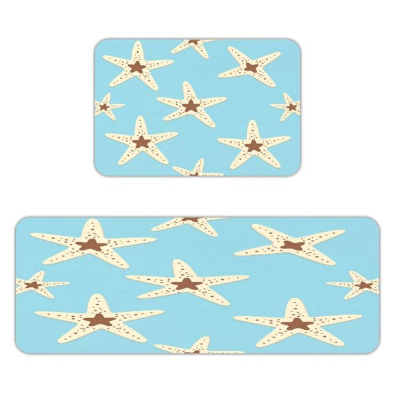 2-piece Set Flannel Floor Mat ,Cute Paper Cut Pastel Blue Seastar Beach Repeat Pattern Farmhouse Kitchen Rug Runner