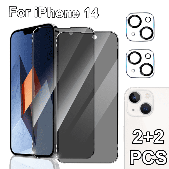 2-piece Set Of Fully Covered Tempered Glass Privacy Screen Protector Film+2-piece Set Of Camera Lens Film Suitable For  IPhone 14, Series, 9H Hardness, Easy To Install, Bubble Free, Anti Glare