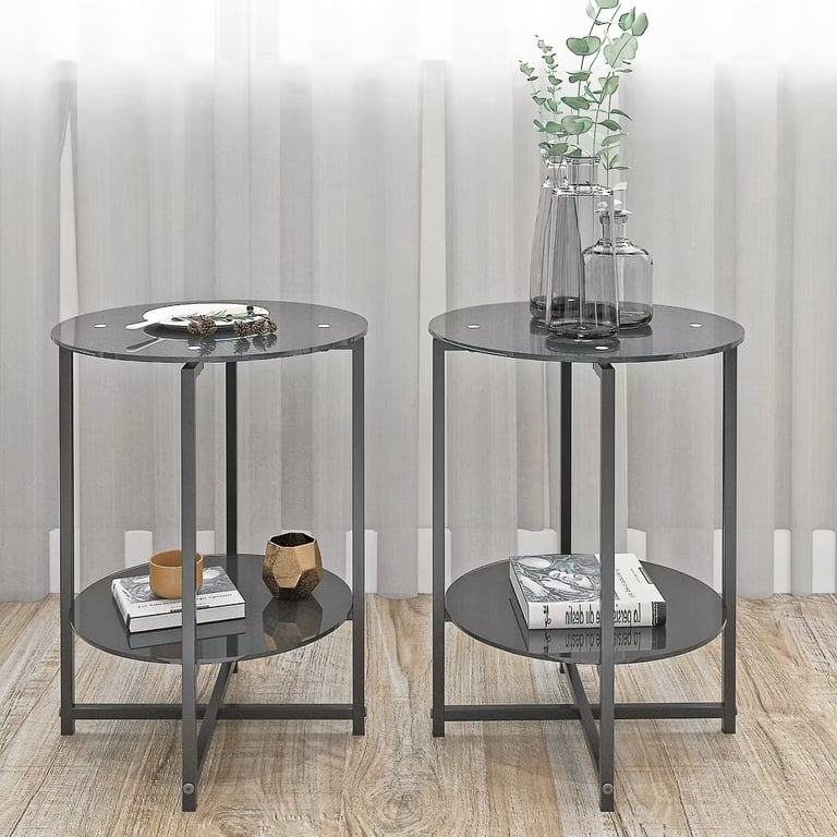 2-Piece Black Glass End Table Set, Modern Round Coffee/Side Table