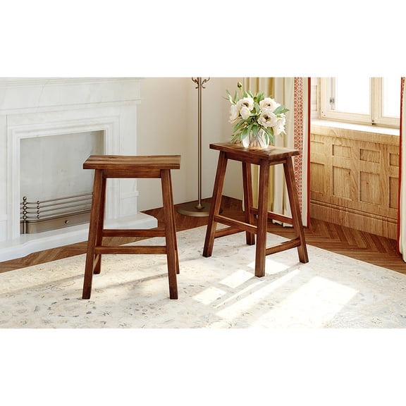 2-piece Wood Kitchen Stools | Used in Small Dining Spaces, Tuckable | Durable Rubber Wood, Long Service | Curved Top for Comfort