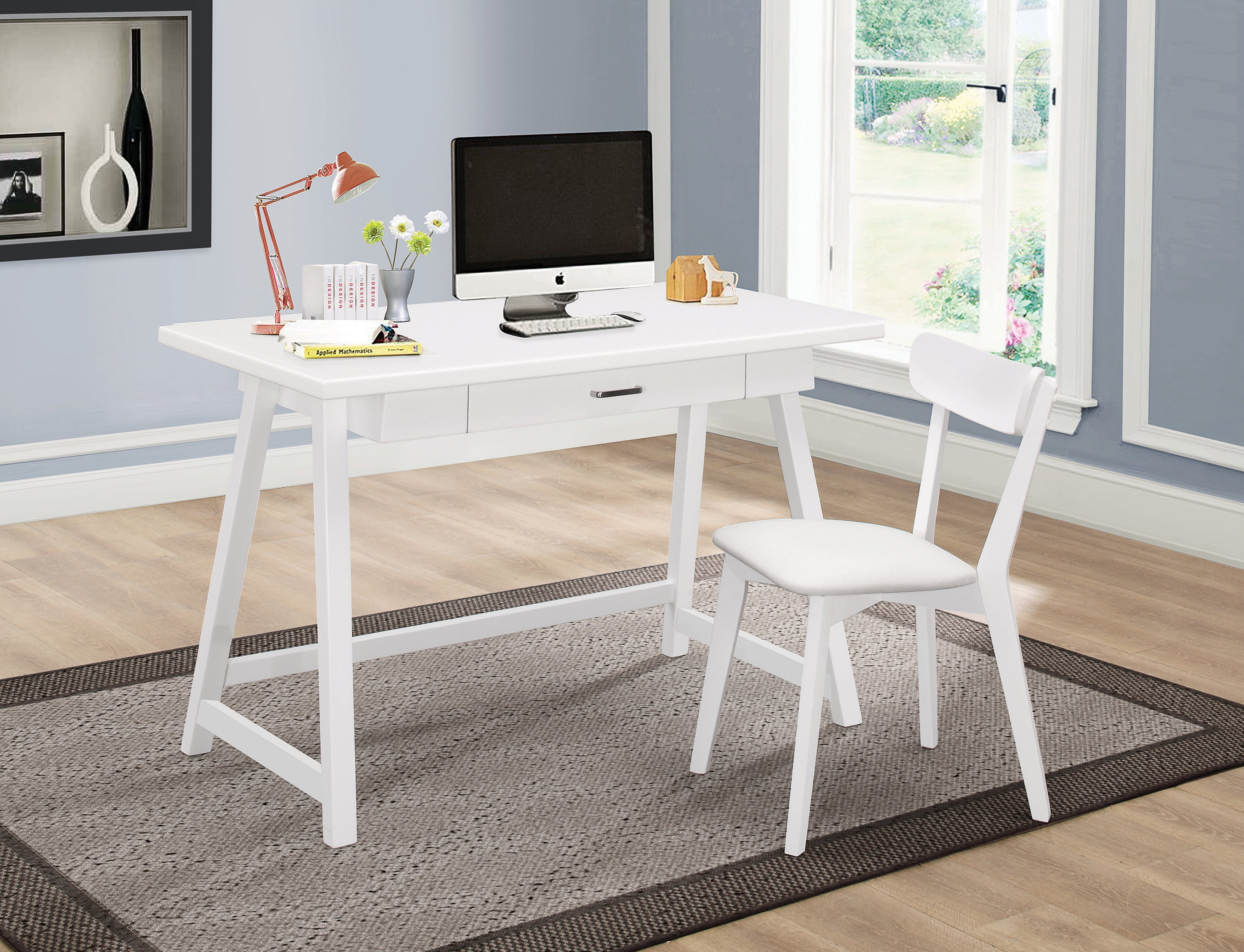 Contemporary White Solid Hardwood Home Office Desk with Drawer