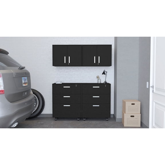 2-piece black garage storage solution / Wall installation and ample drawer space for tidiness