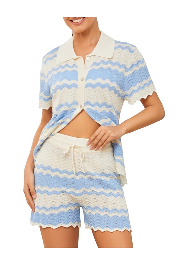 2-piece casual set women's short sleeved striped crochet knitted set two-piece button sleepwear with drawstring shorts