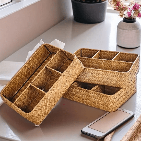 OTBRZE Multifunctional Rattan Cane Storage Basket with Partition, Beige Hand Woven (2 Pack)