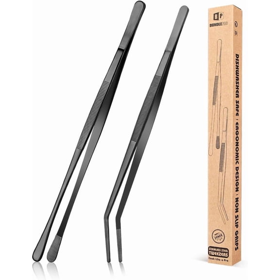 2-piece kitchen precision tweezers pliers, 12-inch stainless steel food tweezers set, professional black kitchen long tweezers, for cooking, repair, seafood and barbecue (black)