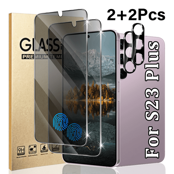 2-piece privacy screen protector+2-piece camera lens protector suitable for Samsung Galaxy S23 Plus, privacy protection, no bubbles, anti drop, sensitive touch, easy to install