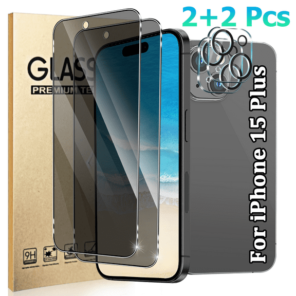 2-piece privacy screen protector, suitable for iPhone 15 plus [6.7 inches]+2-piece camera lens protector, [9H hardness] - HD, anti drop and wear-resistant, touch sensitive, anti glare, easy to instal