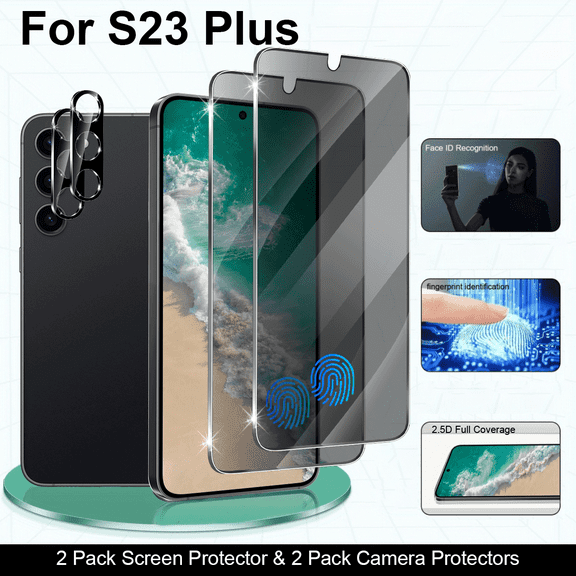 2-piece privacy tempered glass screen protector suitable for Samsung Galaxy S23 Plus 2-piece camera lens protector, anti spy, privacy protection, no bubbles, anti drop