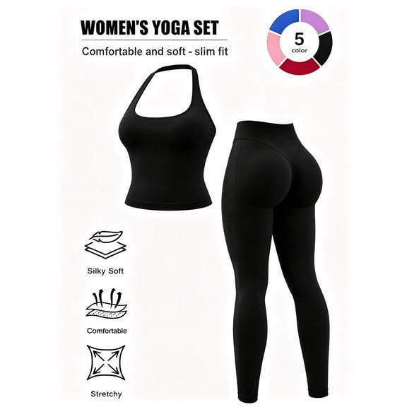 2-piece set - Women's yoga pants set, off shoulder hanging neck vest, peach hip shaping sports pants