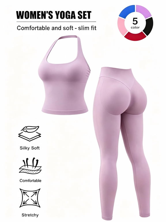 2-piece set - Women's yoga pants set, off shoulder hanging neck vest, peach hip shaping sports pants