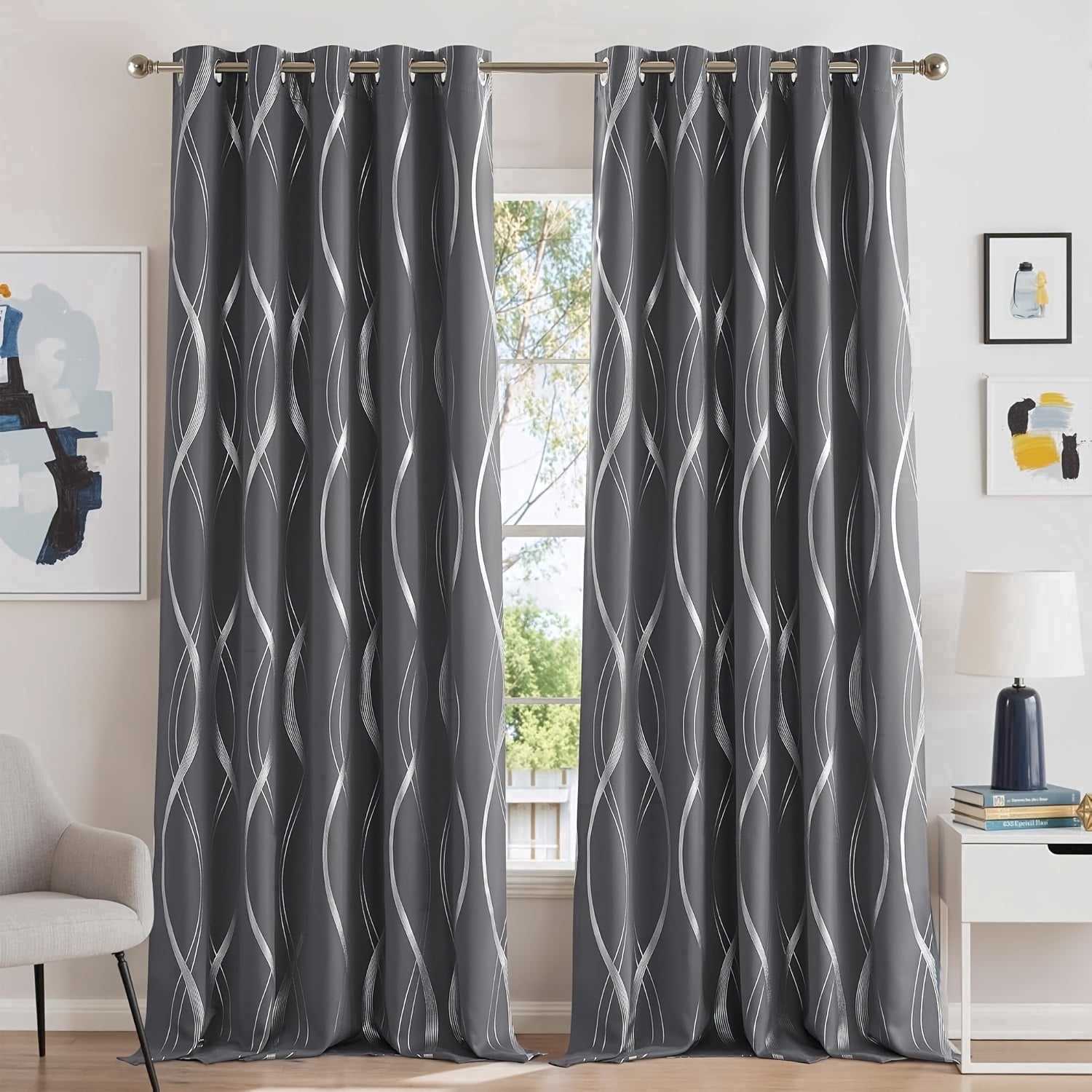 PANGTON VILLA Contemporary Gray Striped Modern Rod Pocket Blackout Curtain Panel Pairs Curtains, 52 x 84 (2 Panels)