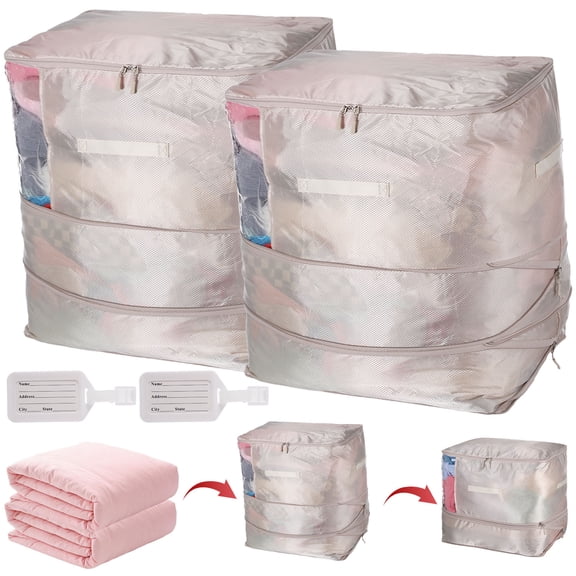 2 Pcs Duvet Storage Bag, Space Saver Bags with Labels, 3-Layer Compression Packing Cubes with Clear Window for Bedding, Comforters and Clothes, Wardrobe Organizer, 21.3 x 16.5 x 23.6 in