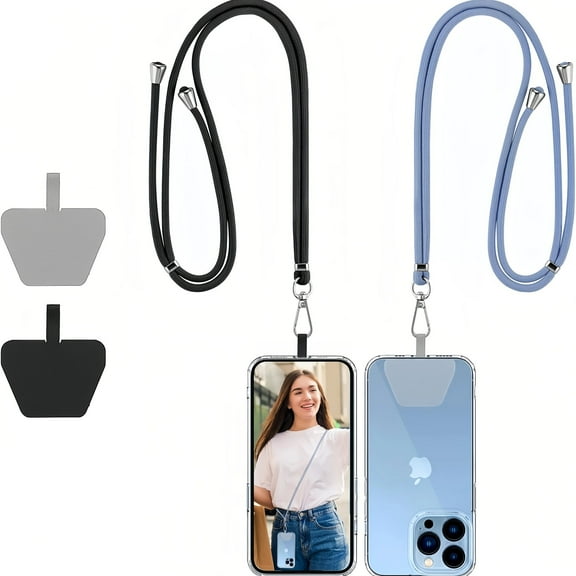 2-piece universal crossbody mobile phone lanyards, adjustable nylon neck strap, compatible with most smartphones for neck wear. (Black + Light Blue)