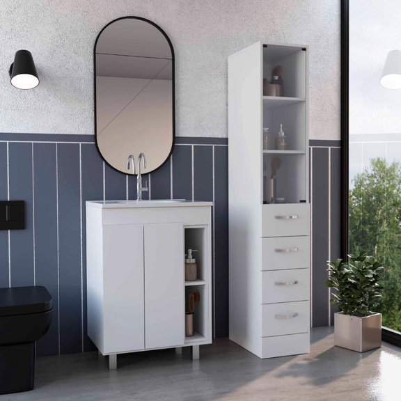 2-piece white bathroom set made of particle board | Smooth assembly process with efficient interlocking and visual instructions | Durable furniture to enhance bathroom functionality