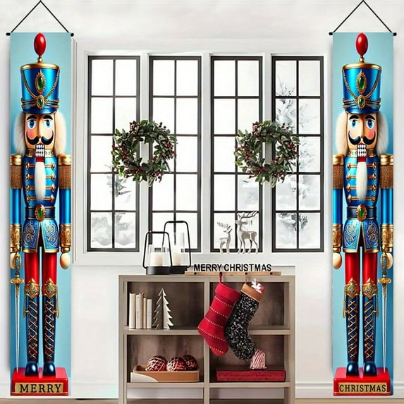 Unbranded Decorative Multicolor Christmas Porch Hanging Banner Couplets Nutcracker Soldier Pattern 2-Piece 70 x 12 Inch