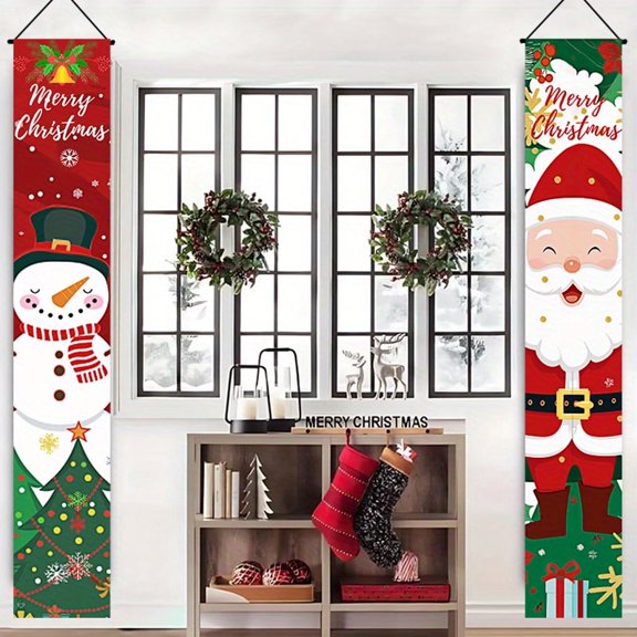 2 pieces, 2D Flat Santa Claus and Snowman pattern porch hanging sign decoration banner, Christmas couplets, home decoration hanging flag, suitable for front door, courtyard, porch garden, party decor