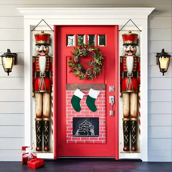 2 pieces, 2D Flat retro style puppet Nutcracker soldier pattern porch hanging sign decorative banner, Nutcracker Christmas couplet, Christmas Happy hanging flag, suitable for front door, courtyard, p