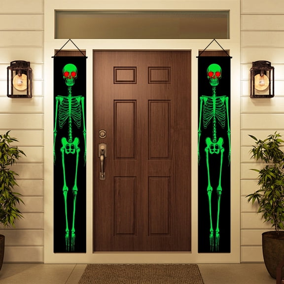 2 pieces, 2D Flat terrifying skull ghost pattern porch hanging logo decoration banner, Halloween couplets, home decoration hanging flag, suitable for front door, courtyard, porch garden, party decora