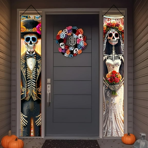 2 pieces, 2D flat banner, Day of the Dead decoration, Day of the Dead decorative banner, Mexican Day of the Dead porch logo decoration, suitable for indoor and outdoor Halloween door and wall decorat