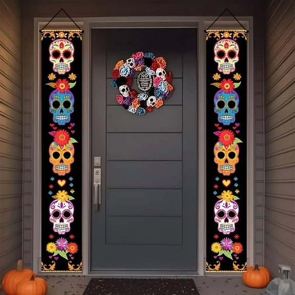 2 pieces, 2D flat banner, Day of the Dead decoration, Day of the Dead decorative banner, Mexican Day of the Dead porch logo decoration, suitable for indoor and outdoor front door wall decoration