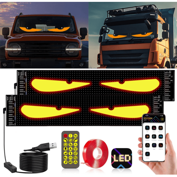 2 pieces 3 x 7 Car Demon Eye Light Signs, LED Animated Eyes, for Car Truck Windshield Holiday Decorations Parties Weddings Concerts, with App Control