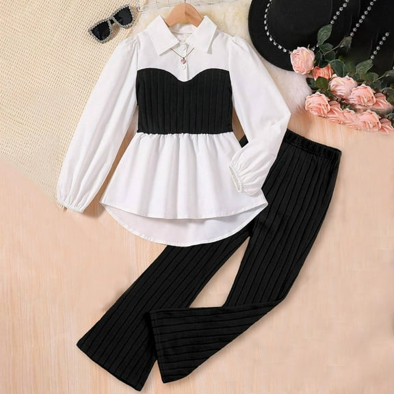 2 pieces Bnwani Girls Long Sleeve Sets Lapel Flannel Flared Solid Blouses And Pants Set Black Size 6-7 Years