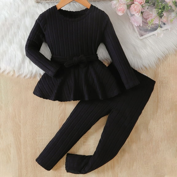 2 pieces Bnwani Long Sleeve Sets for Girls Belt Solid Cute Blouses And Pants Set Black Size 5-6 Years
