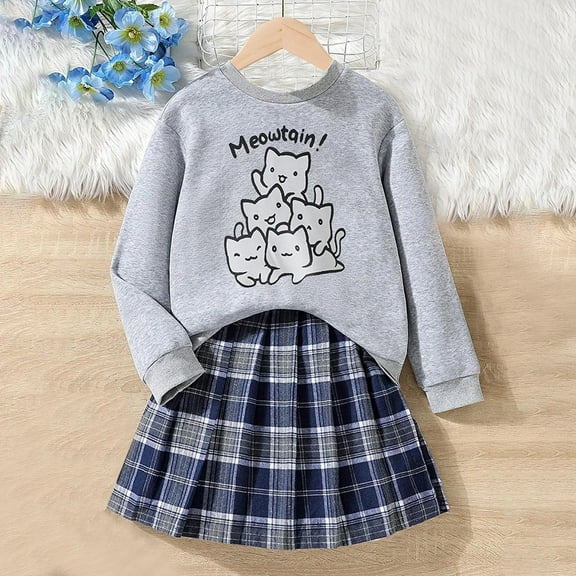 2 pieces Bnwani Long Sleeve Sets for Girls Crew Neck Flannel Lattice Printed Tops And Skirt Set Gray Size 6-7 Years
