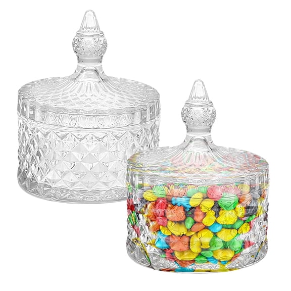 2 pieces Clear Glass Candy Storage Jar, Lidded Crystal Candy Dish, Elegant Food Container for Home and Office Desk