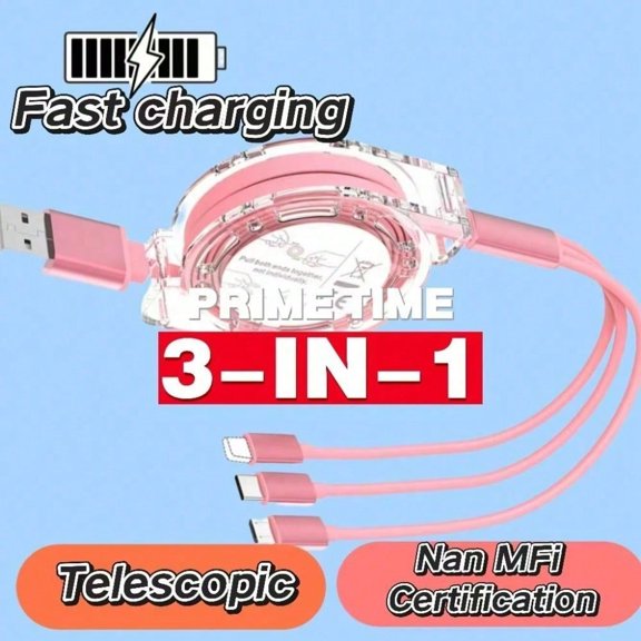 2 pieces USB-C nylon braided pink crystal 3-in-1 charging cable, fast charging cable with Type-C and Micro USB interfaces, 6A output.