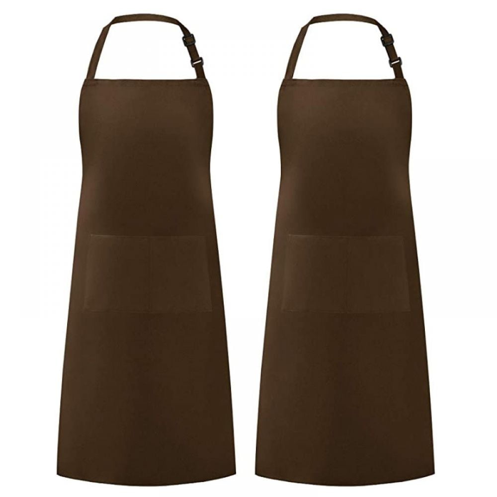 Brown Polyester Adjustable Bib Aprons with Pockets, Set of 2
