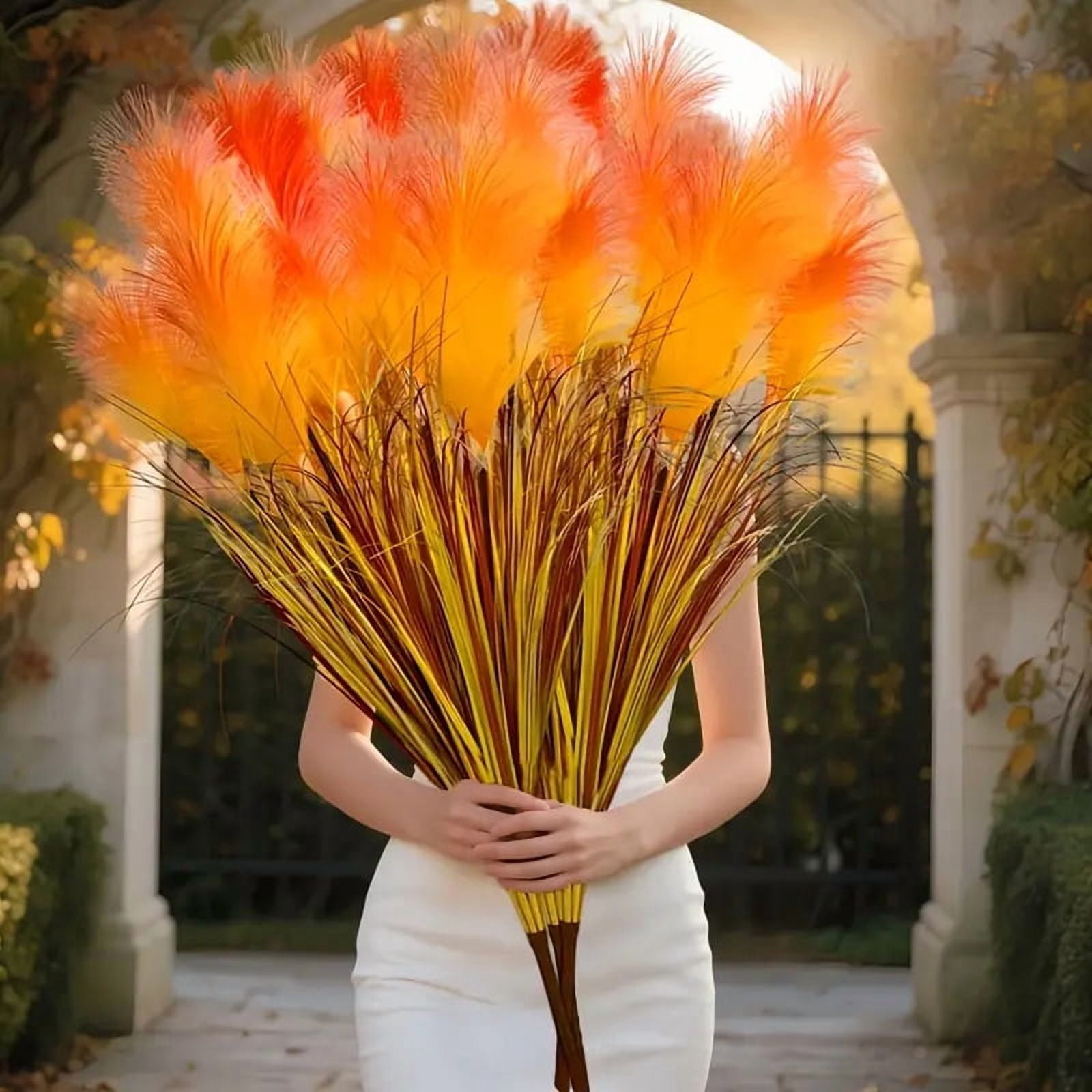 2 pieces artificial imitation reed flowers, autumn harvest large orange yellow reed flowers with onion grass, 31.50 inches high dry feathery stems, maintenance-fre,e indoor/outdoor decoration