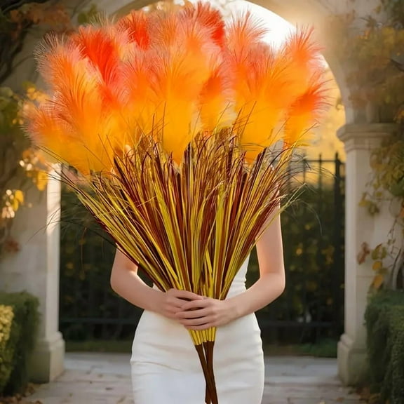 2 pieces artificial imitation reed flowers, autumn harvest large orange yellow reed flowers with onion grass, 31.50 inches high dry feathery stems, maintenance-fre,e indoor/outdoor decoration