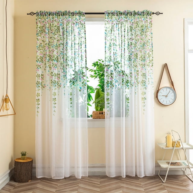 Translucent Install 2 pieces of Nordic style printed gauze curtains, white gauze ...
