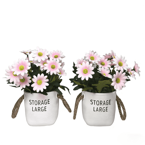 CasaVibe 2Pc Artificial Daisy Flowers Bonsai - 21cm White Potted Fake Plant for Wedding Decoration, Tabletop Home Decor Indoor Small Fake Flower Plants