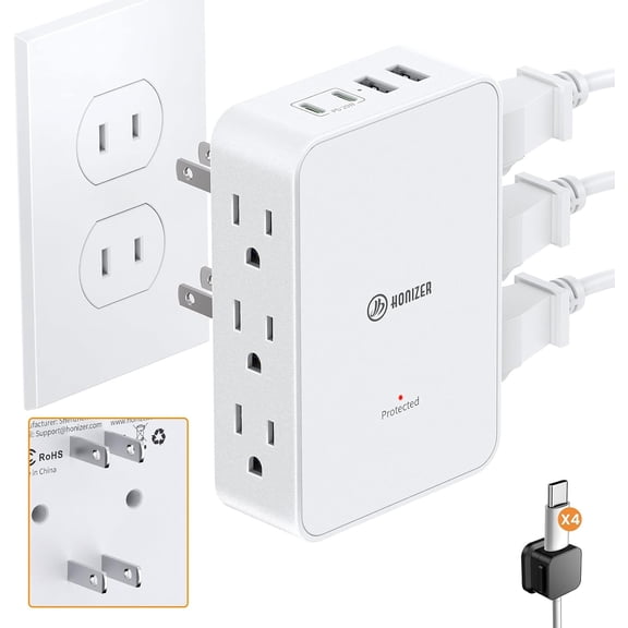 2-pin to 3-pin socket adapter, 6-sided socket, 20, 2-pin with 4 cable clips power strip, multi-plug socket splitter, polarized socket, suitable for old houses