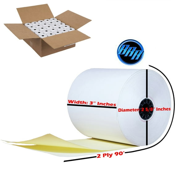 2 ply 3" 90' ft 500 rolls carbonless paper rolls White/Canary two ply kitchen printer paper,two ply carbonless rolls
