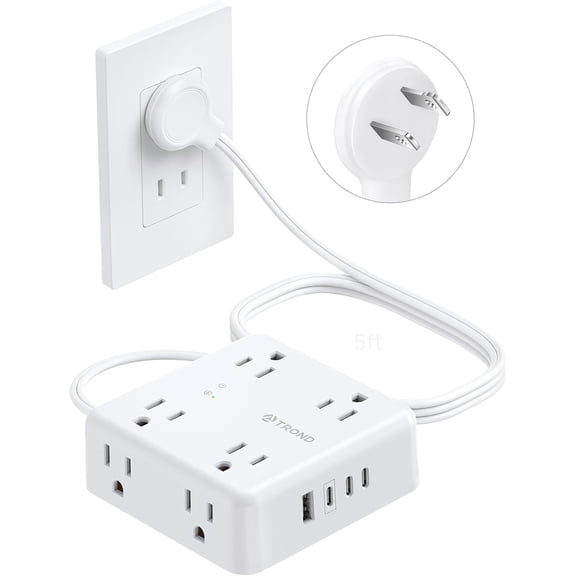 2-prong power strip, 2 to 3-prong outlet adapter, 5-foot extension cord polarized flat plug, 8 outlets 4 (2), 1625, 1440 surge protector, wall-mounted, suitable for old house non-grounded outlets, wh