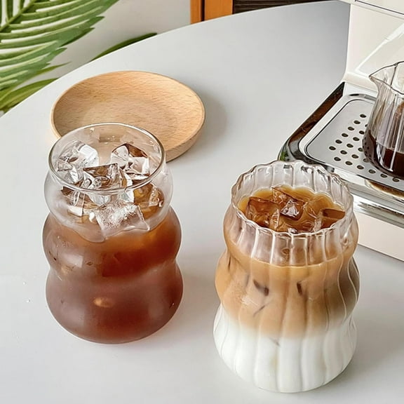 2 ribbed glass cups, 18 ounce wave shaped old-fashioned drinking glassware, bubble cups for iced coffee, juice, beverages, milk, cocktails, pearl milk tea, etc