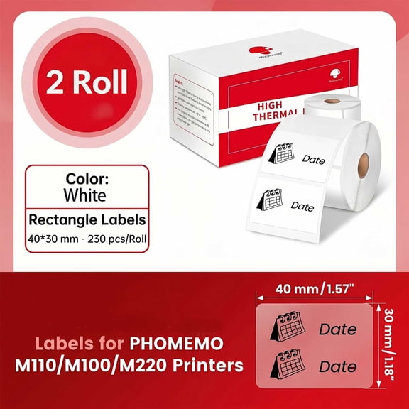 2 rollsPhomemo Thermal Labels 40x30mm for M110/M100/M220/M221, White/Clear 200 Labels/Roll for Name Barcode Address Business Home