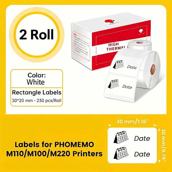 2 rollsPhomemo White Thermal Labels 30x20mm for M110/M100/M220/M221, Labels for Name Tag, Office, Barcode, Home Organization & Small Business