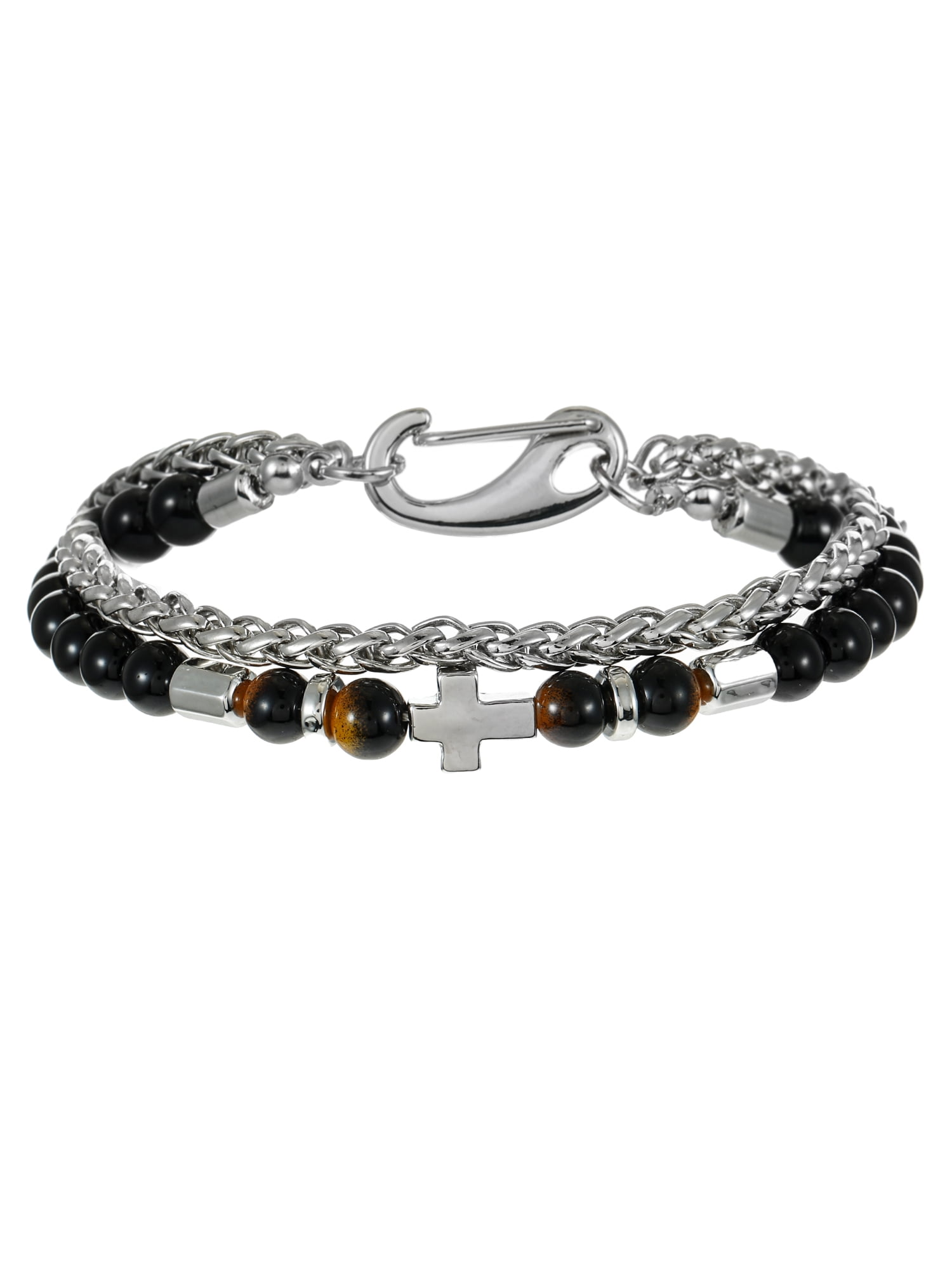 No Boundaries Men's Beaded Cross Bracelet, Black and Silver, 1 Pack