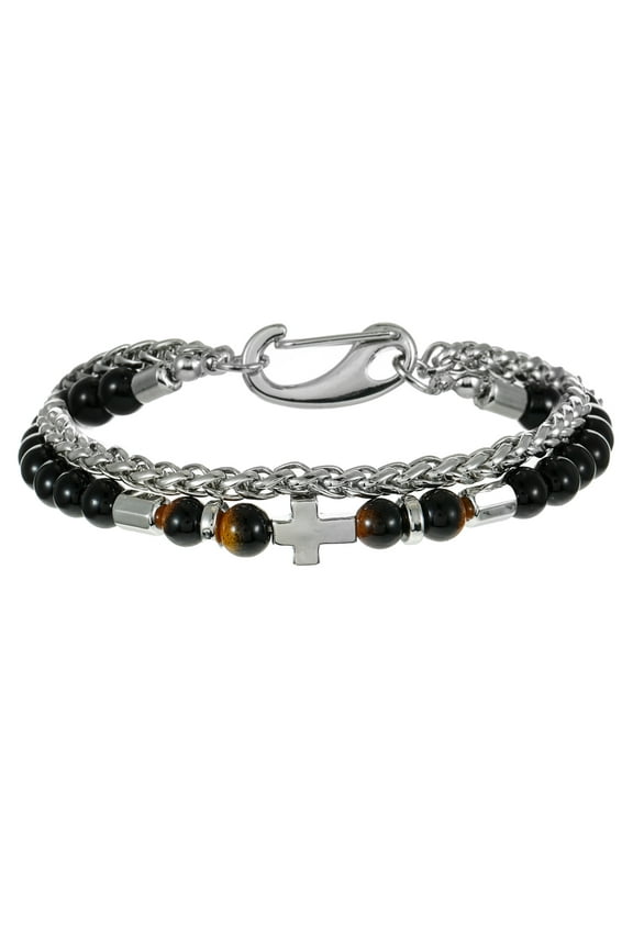 Men's Beaded Cross Bracelet, Black and Silver, 1 Pack
