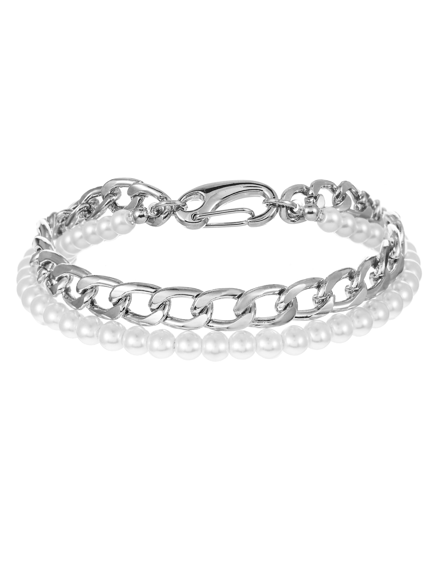 No Boundaries Men's Glass Pearl Bracelet, White and Silver, 1 Pack