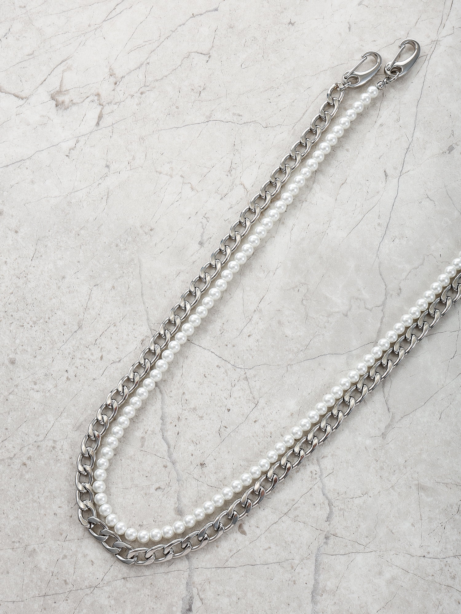 Men's Glass Pearl Necklace, White and Silver, 1 Pack
