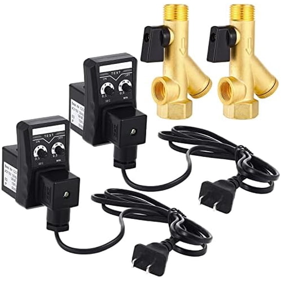 2 sETS aIR cOMPRESSOR eLECTRONIC dRAIN vALVE AND tANK dRAIN aUTOMATIC vALVE aSSEMBLY kIT WITH bRAIDED sTEEL hOSE 1/4 iNCH nPT eLBOW fITTING AND aC 110V 1/2" aUTOMATIC tIMED wATER tANK